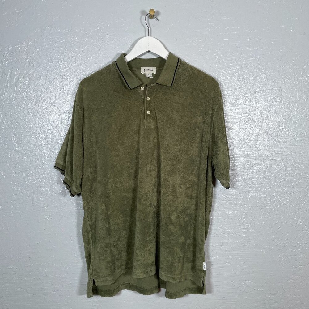 J Crew Men S Olive Green Terry Cloth Polo Shirt Short Sleeve Collared Preppy